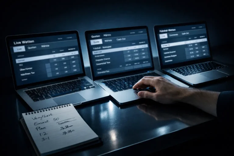 Mehrere geöffnete Laptopbildschirme nebeneinander mit verschiedenen Sportwetten-Seiten auf einem Schreibtisch