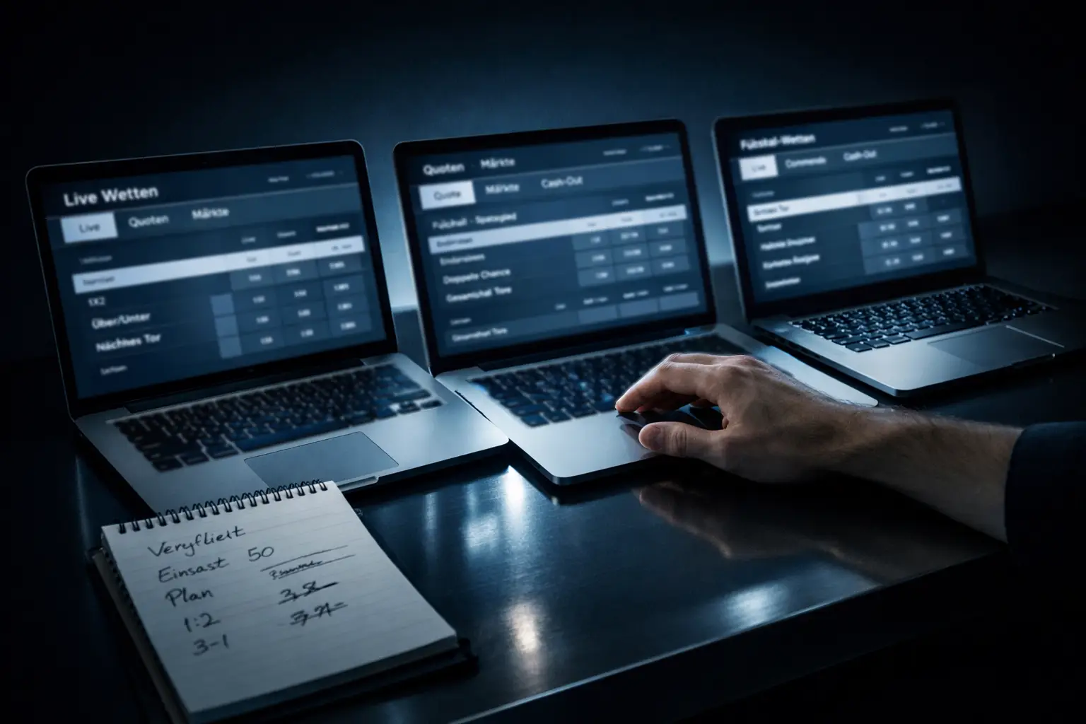 Mehrere geöffnete Laptopbildschirme nebeneinander mit verschiedenen Sportwetten-Seiten auf einem Schreibtisch