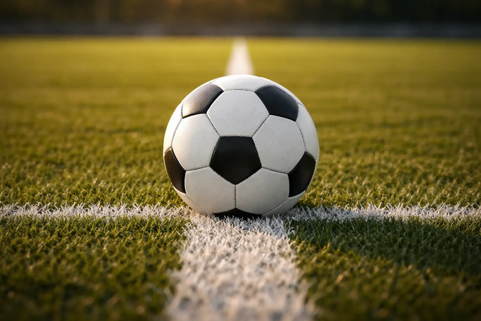 Nahaufnahme eines Fußballs auf der Mittellinie eines gepflegten Spielfelds – Asian Handicap Wetten