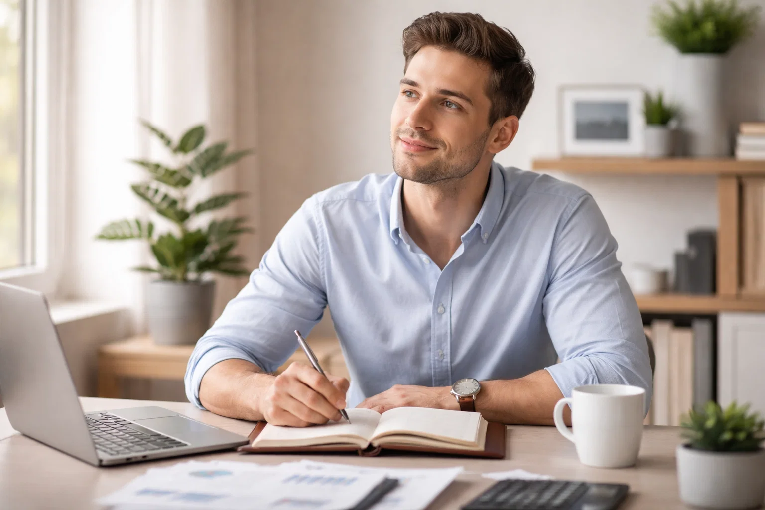 Person plant Gewinnverteilung mit Notizbuch