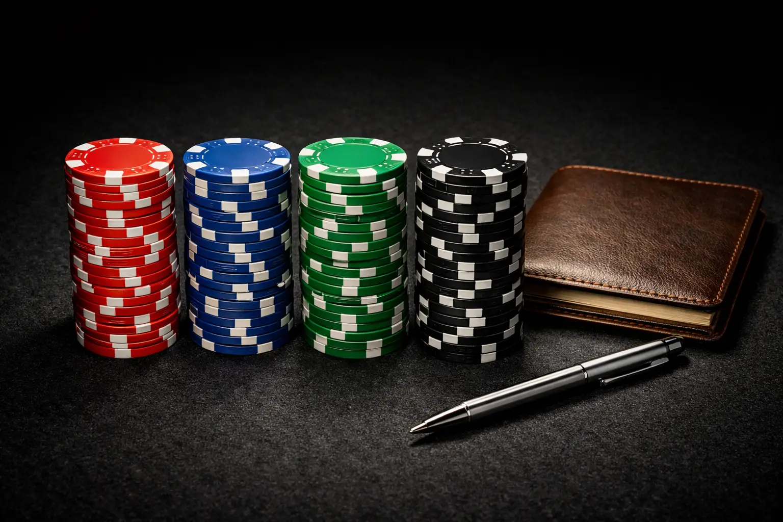 Ordentlich gestapelte Jetons neben einem Notizbuch auf einem Schreibtisch – Bankroll Management für Sportwetten