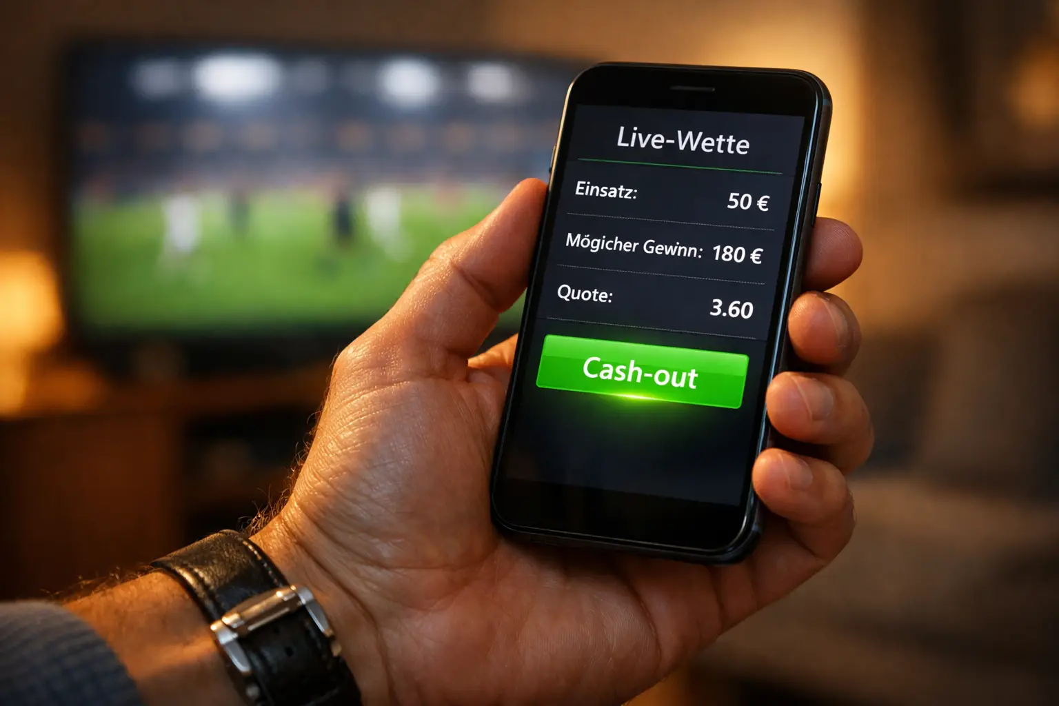 Hand eines Wetters über einem Smartphone mit Live-Wettanzeige während eines Fußballspiels