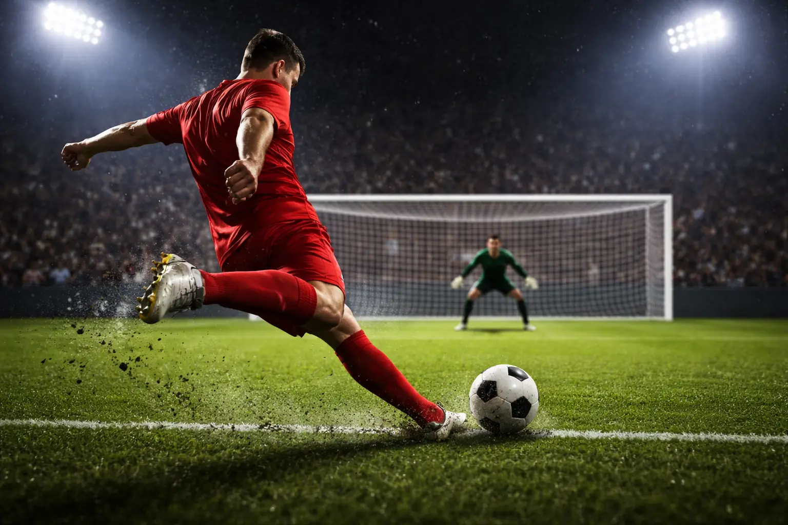 Fußball-Torschuss aus Strafraumposition mit sichtbarer Flugbahn Richtung Tor bei Flutlicht