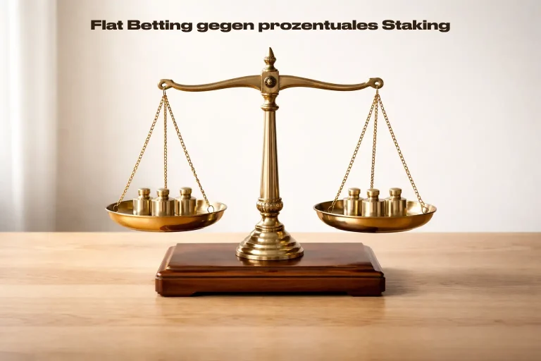 Waage mit gleichmäßig verteilten Gewichten auf einem Holztisch – Flat Betting gegen prozentuales Staking