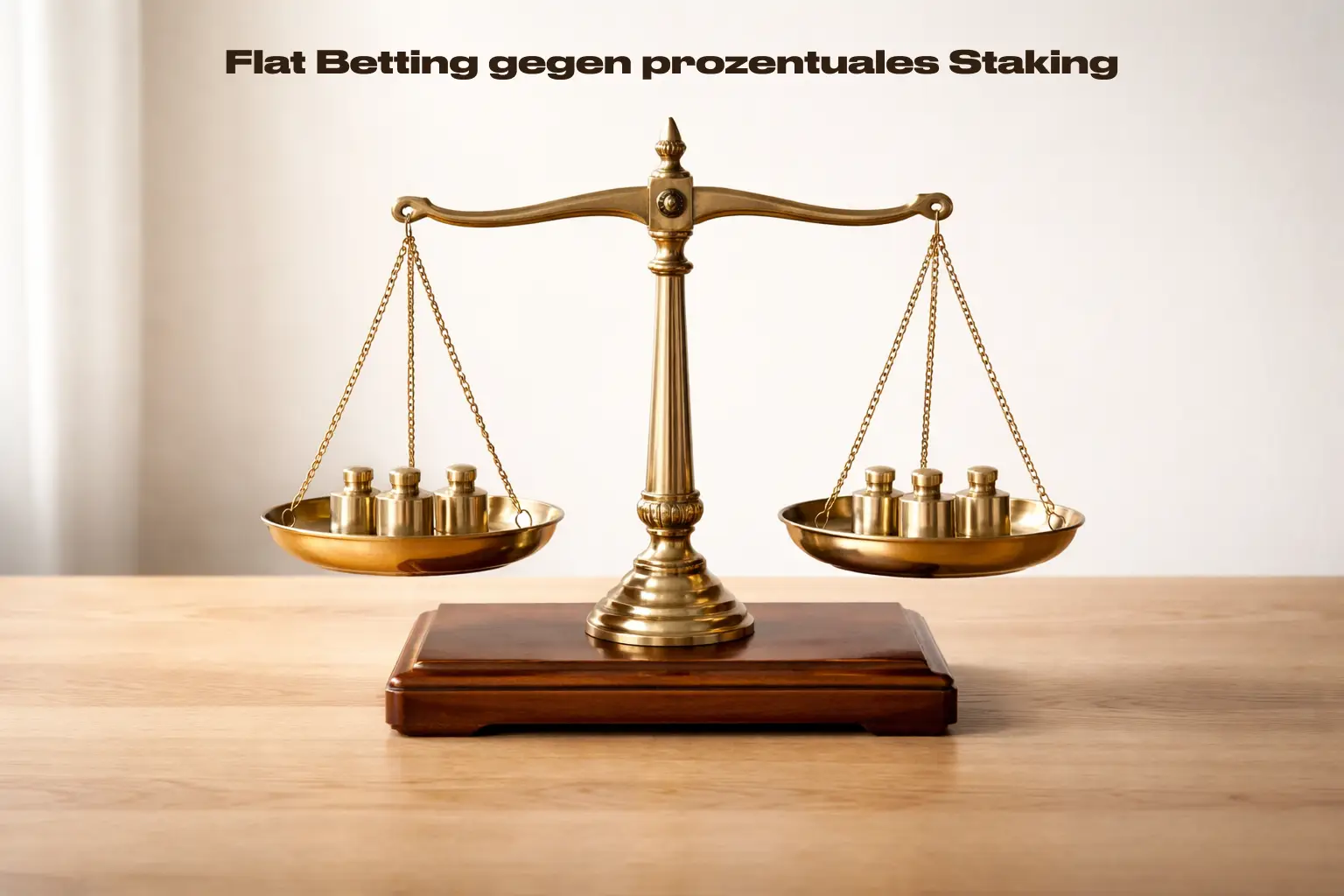 Waage mit gleichmäßig verteilten Gewichten auf einem Holztisch – Flat Betting gegen prozentuales Staking