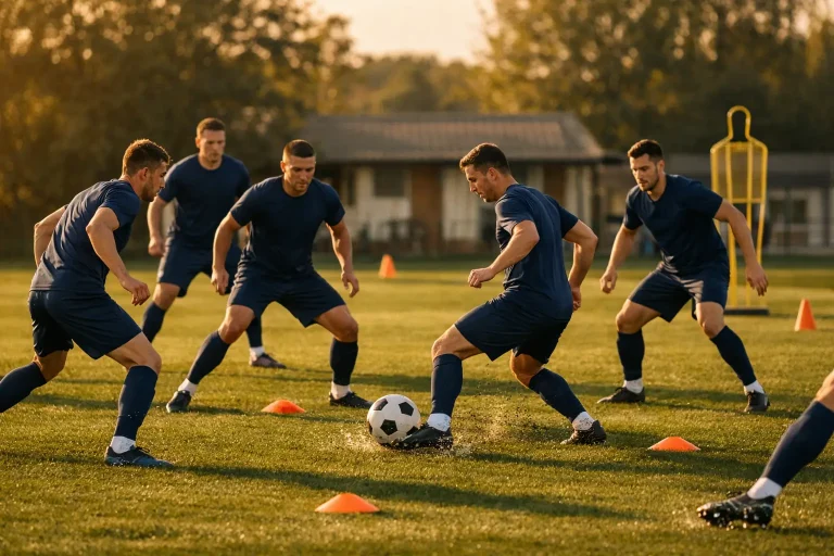 Fußballmannschaft beim intensiven Training auf dem Rasenplatz im Nachmittagslicht