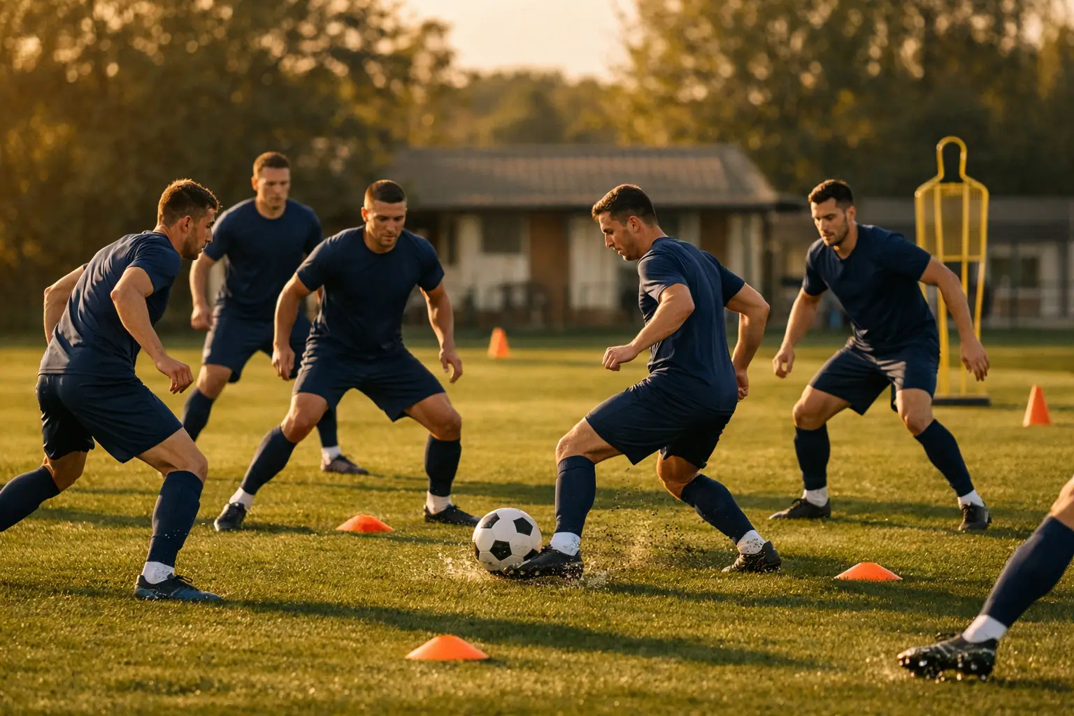 Fußballmannschaft beim intensiven Training auf dem Rasenplatz im Nachmittagslicht