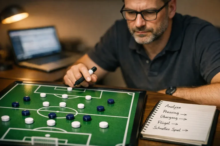 Analyst studiert Fußball-Taktikboard mit Spieleraufstellungen und Notizen am Schreibtisch