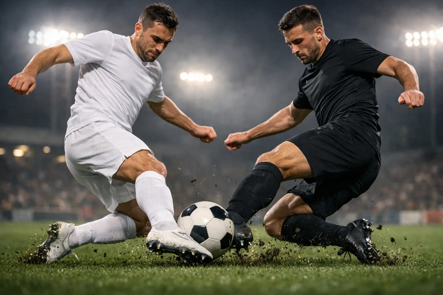 Fußballspieler im Zweikampf auf dem Rasen – strategische Handicap-Wetten im Fußball