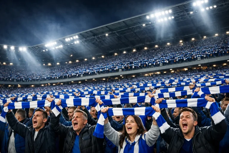 Volles Fußballstadion mit begeisterten Heimfans und Choreografie auf der Tribüne
