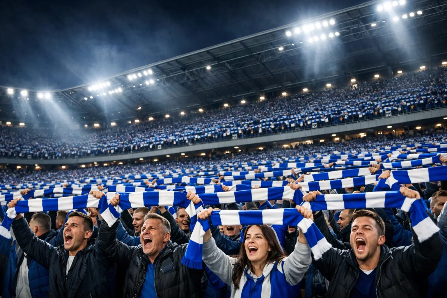 Volles Fußballstadion mit begeisterten Heimfans und Choreografie auf der Tribüne