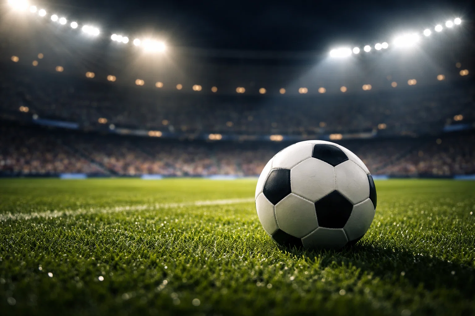 Fußball auf grünem Rasen im Stadion bei Flutlicht