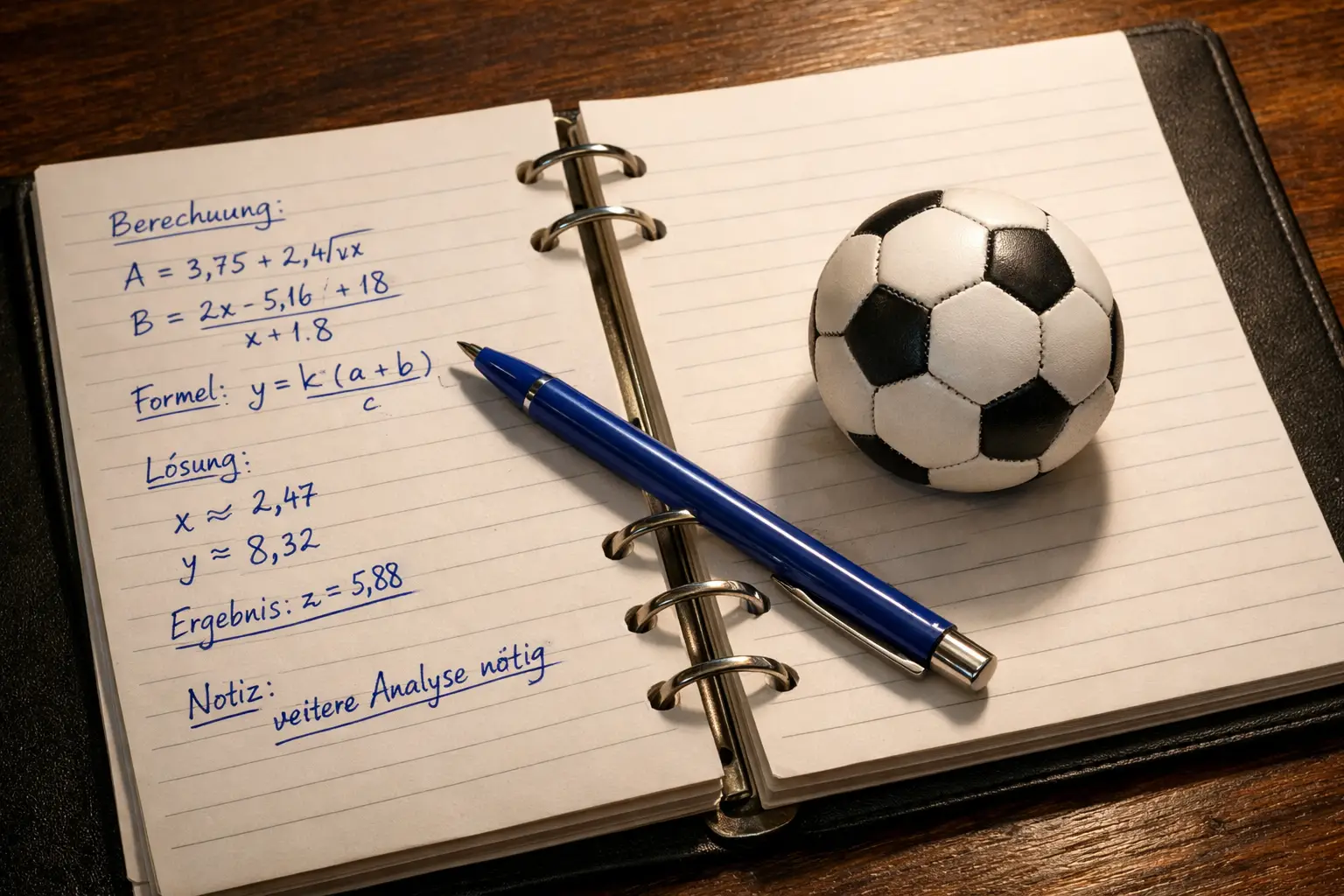 Aufgeschlagenes Notizbuch mit handschriftlichen Berechnungen neben einem Fußball – Kelly-Kriterium bei Sportwetten