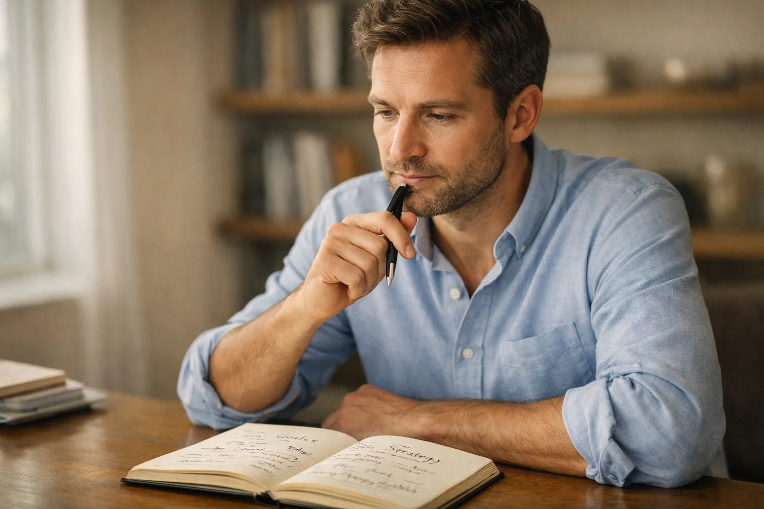 Konzentrierter Mann mit Notizbuch plant seine Wettstrategie