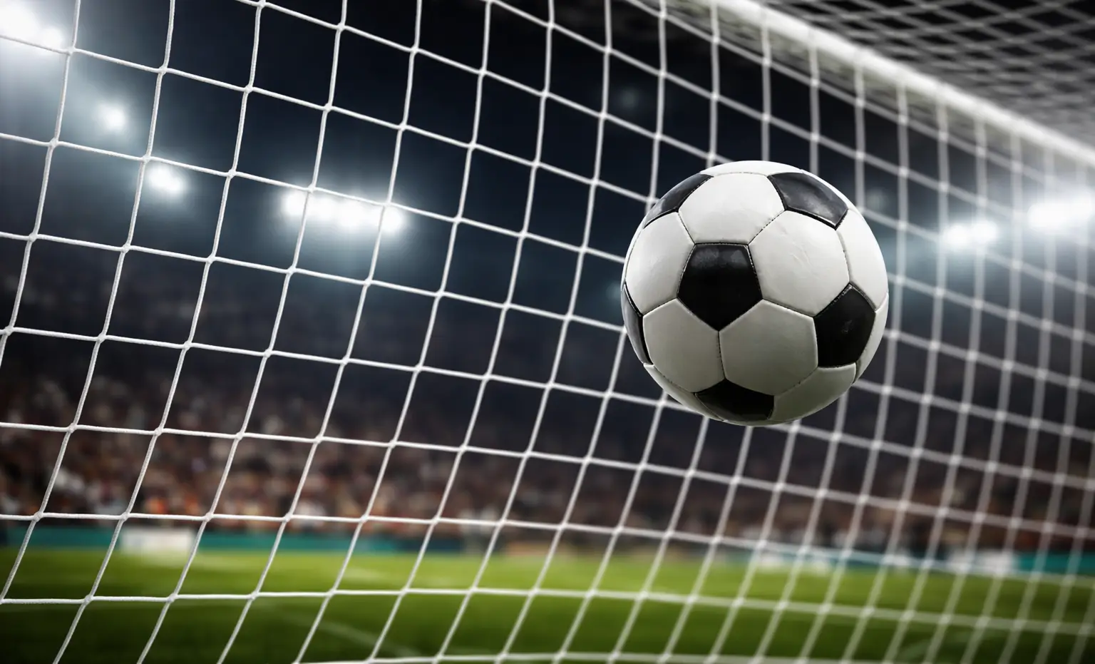 Nahaufnahme eines Fußballs im Tornetz unter Flutlicht während eines Abendspiels