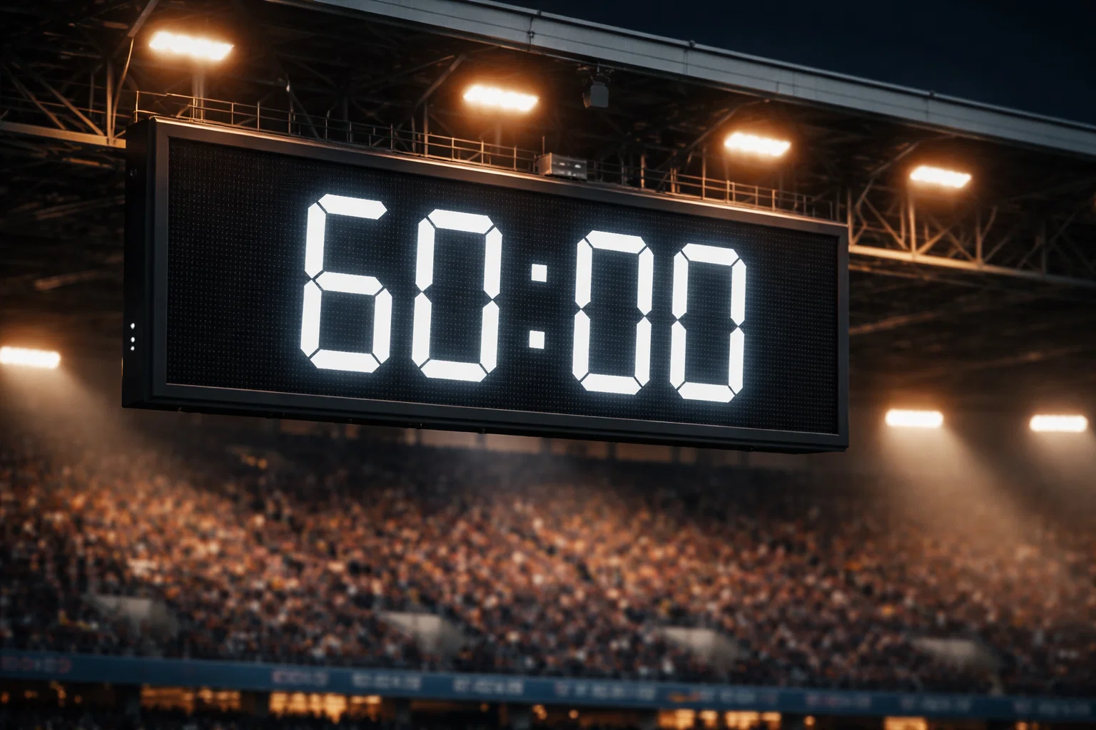 Stadionuhr zeigt 60. Spielminute während eines Fußballspiels