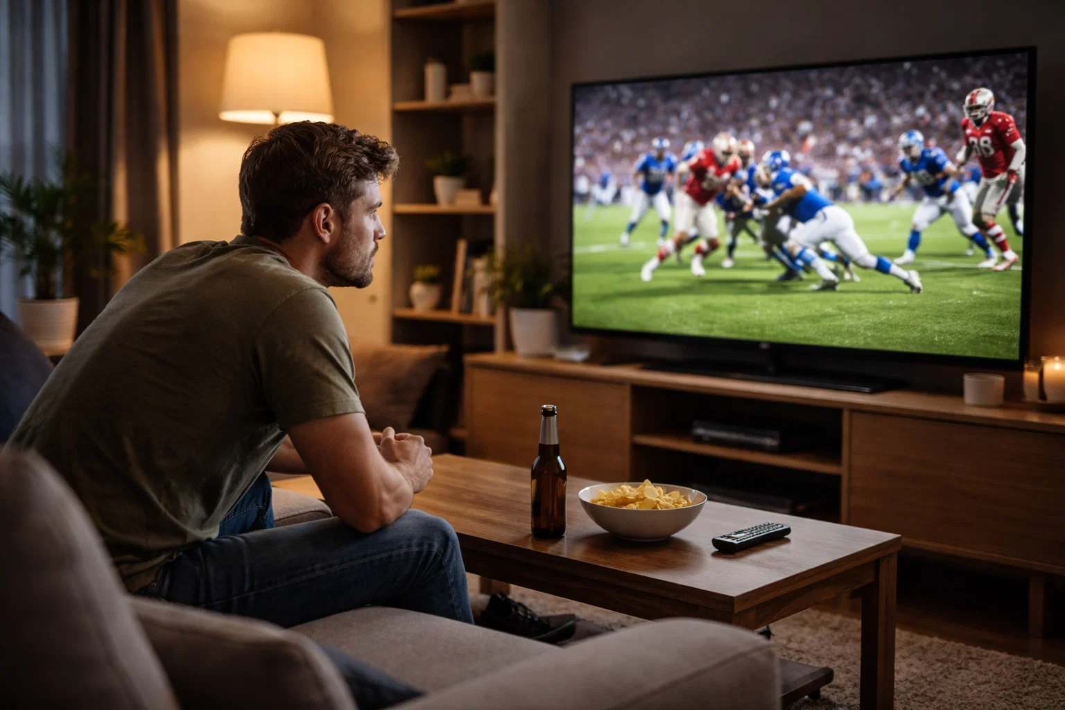 Mann schaut konzentriert Fußball auf einem großen Fernseher im Wohnzimmer