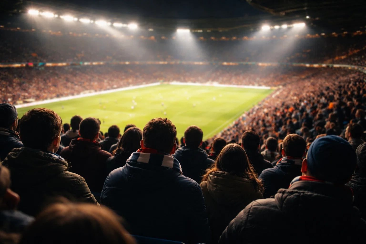 Fußballfans verfolgen ein Spiel im Stadion bei Abendbeleuchtung