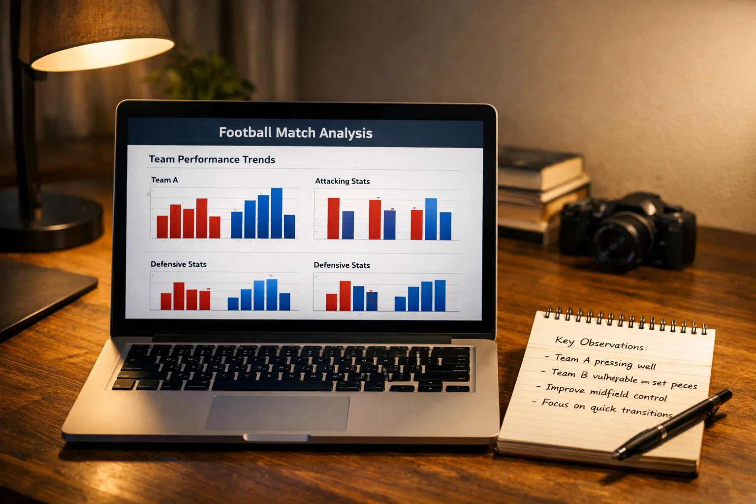 Laptop mit Fußballstatistiken und Spielanalyse auf dem Bildschirm