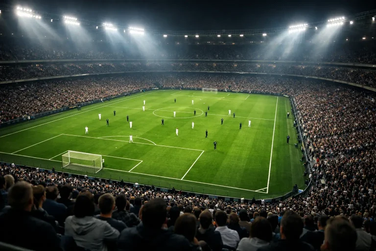 Fußballspiel im Stadion bei Flutlicht mit Blick aufs Spielfeld aus der Tribüne