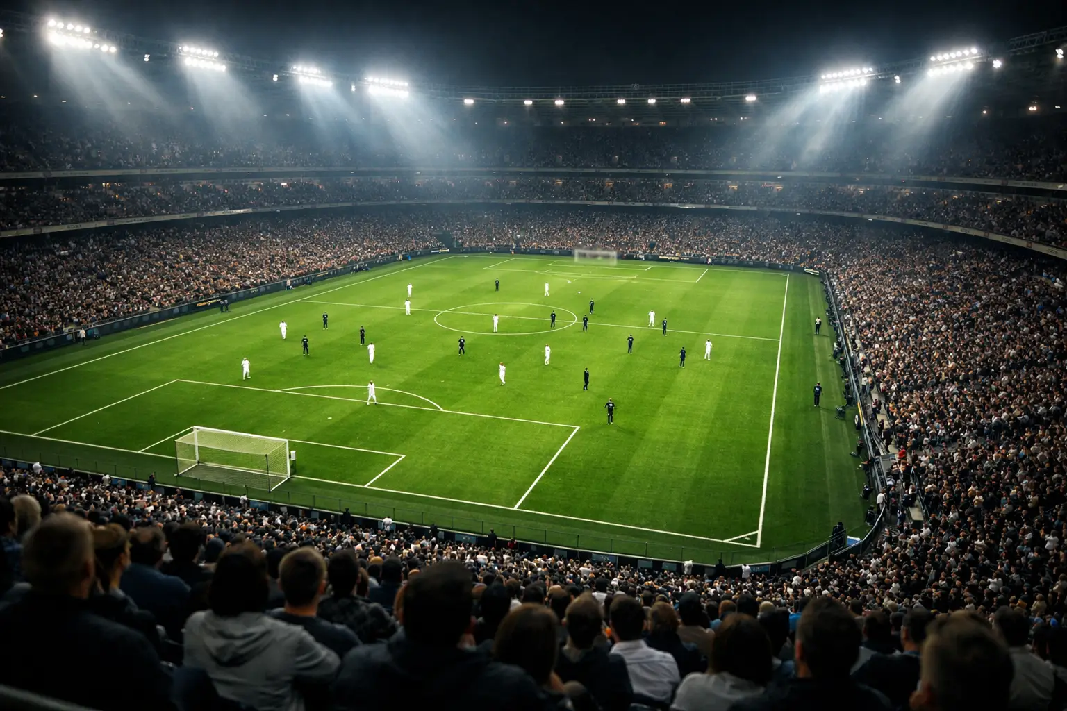 Fußballspiel im Stadion bei Flutlicht mit Blick aufs Spielfeld aus der Tribüne