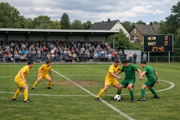 Kleines Fußballstadion mit wenigen Zuschauern bei einem Zweitligaspiel am Nachmittag auf Naturrasen
