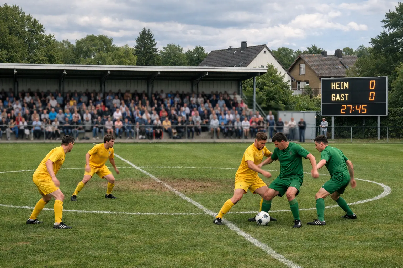 Kleines Fußballstadion mit wenigen Zuschauern bei einem Zweitligaspiel am Nachmittag auf Naturrasen