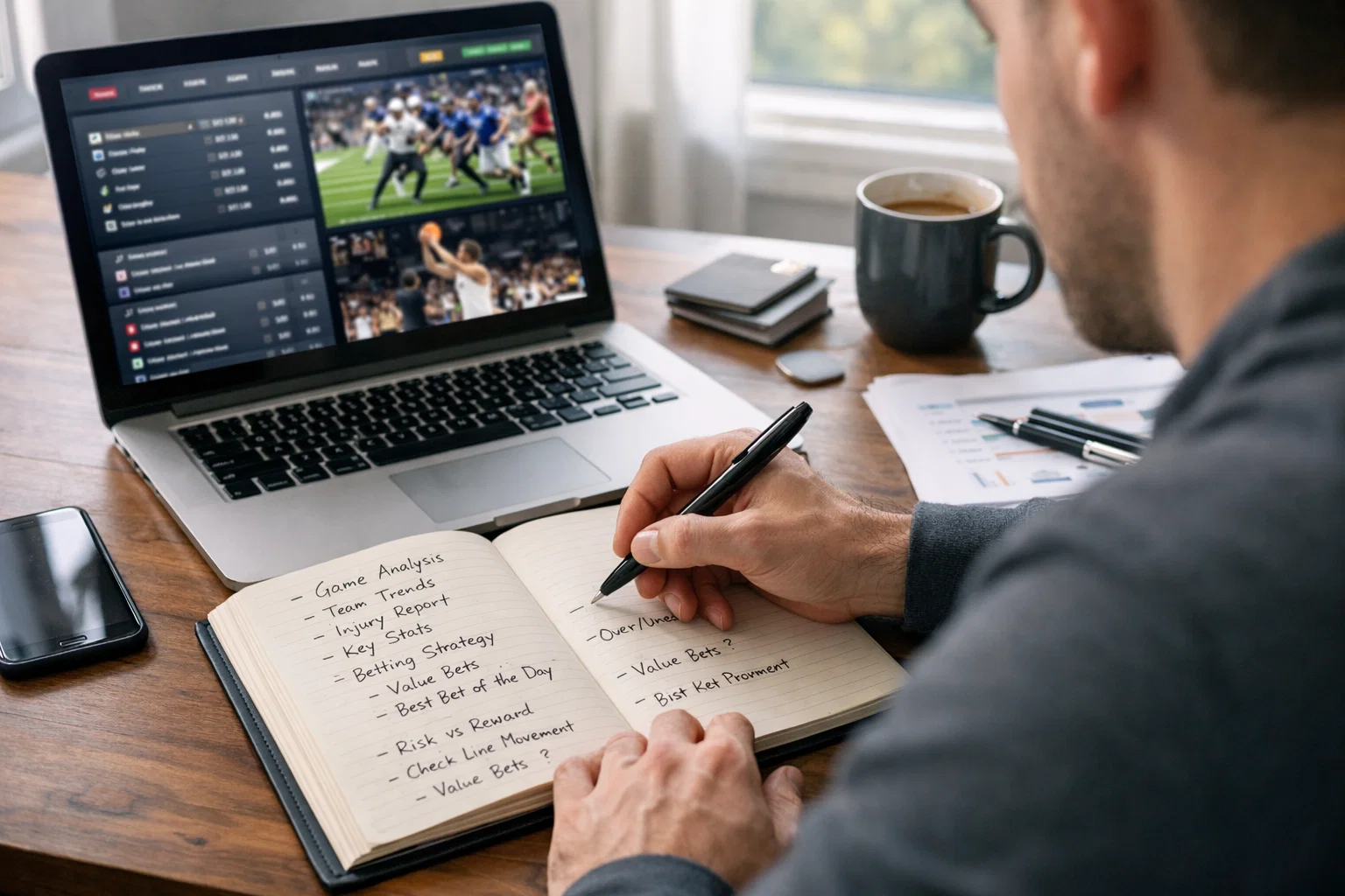 Sportwetter plant Wetten mit Notizblock und Stift neben einem Laptop
