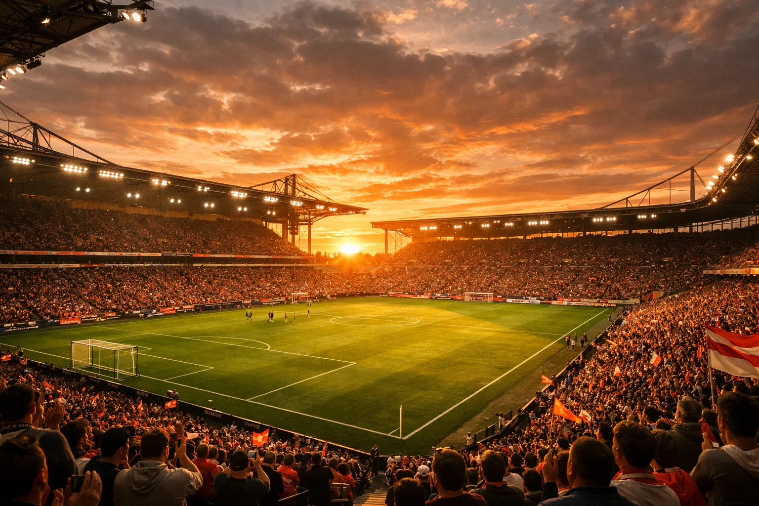 Fußballstadion bei Sonnenuntergang zum Saisonende mit Fans auf den Rängen