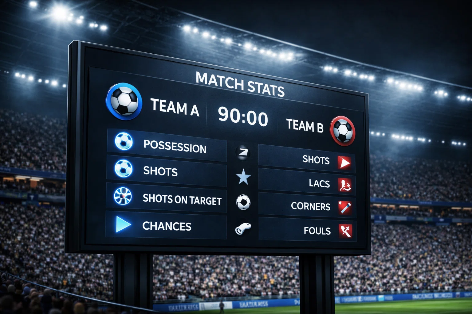 Fußballstatistik-Tafel mit Torübersicht in einer Stadionkulisse
