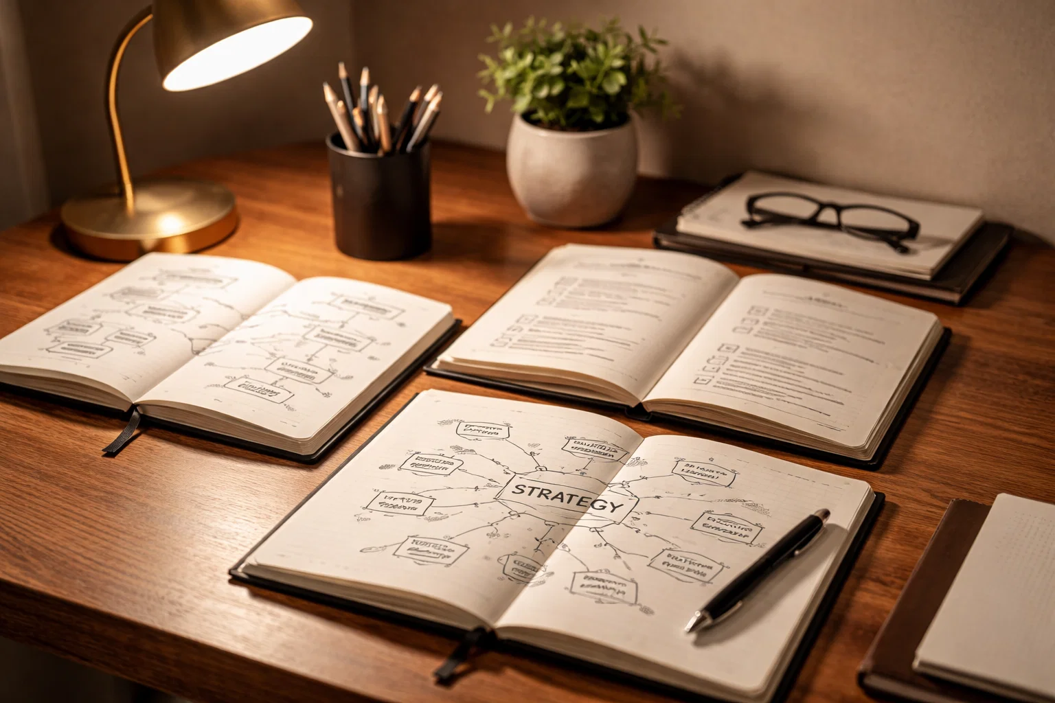 Organisierter Arbeitsplatz mit Notizbüchern und Strategieplanung