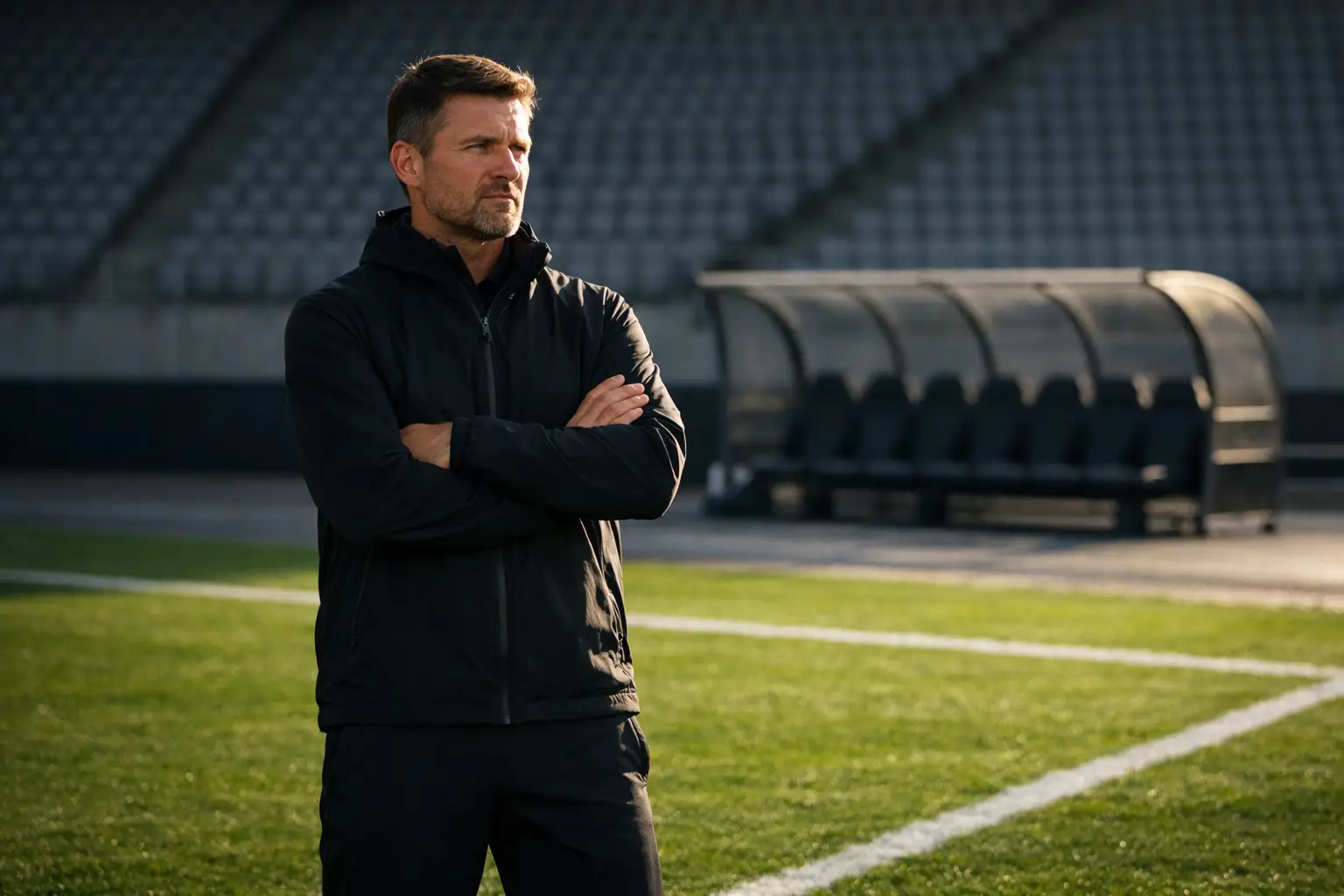 Neuer Fußballtrainer mit verschränkten Armen am Spielfeldrand vor leerer Trainerbank
