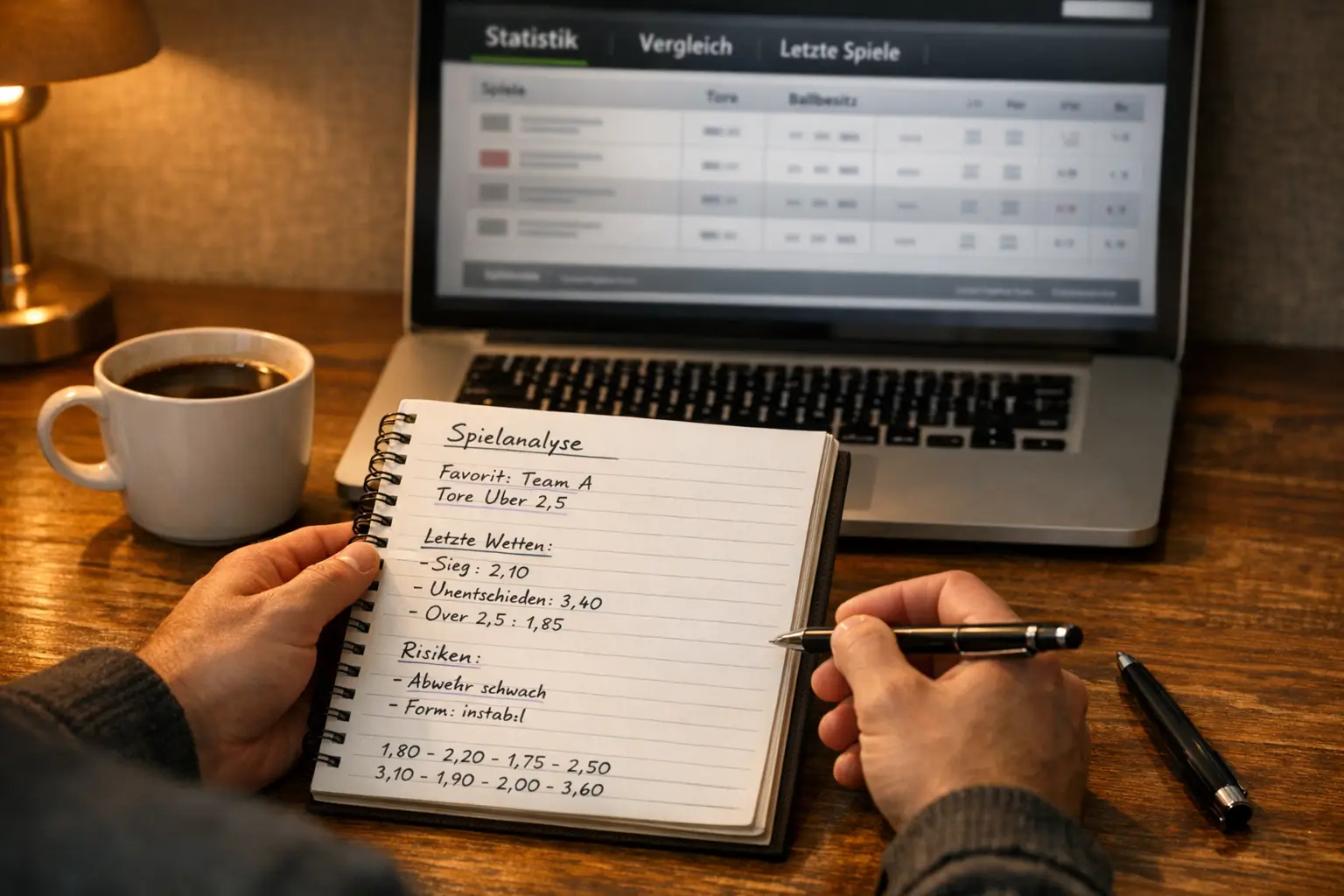Person analysiert Fußball-Statistiken an einem Schreibtisch mit Notizblock – Value Bets finden und berechnen