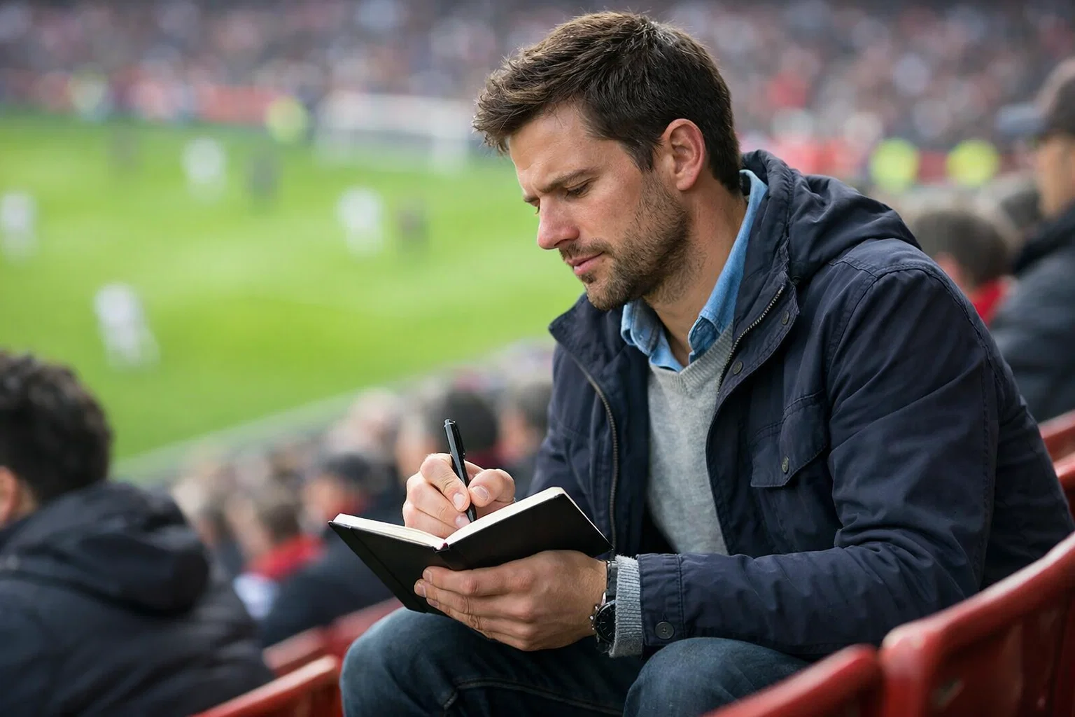 Wetter macht Notizen während eines Fußballspiels im Stadion