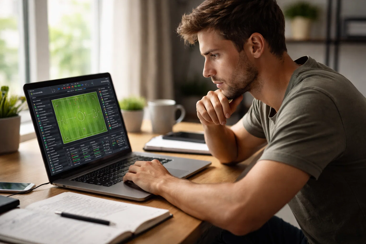 Konzentrierter Wetter analysiert Fußballspiel am Laptop