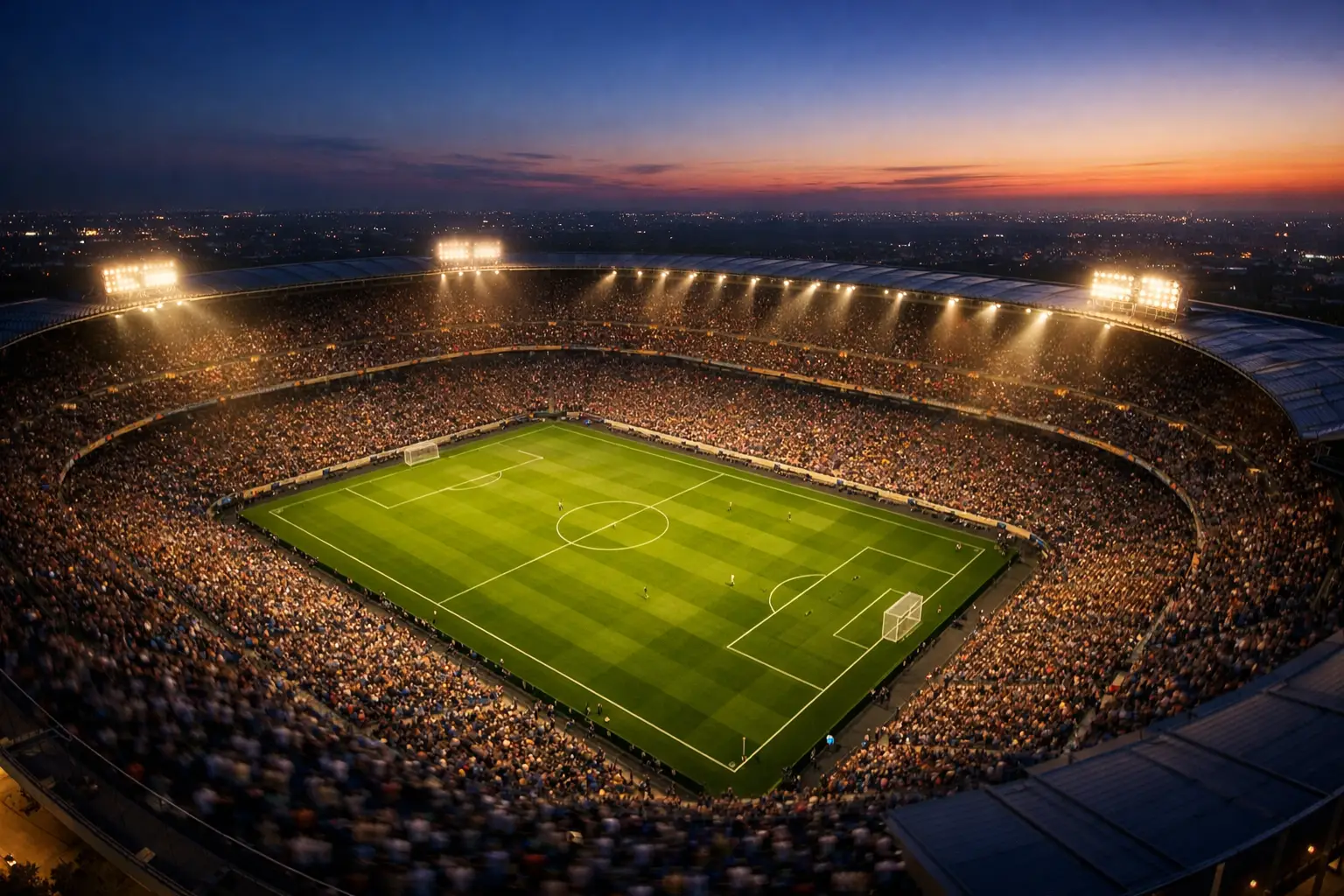 Großes Fußballstadion bei Abendlicht von oben – Wettquoten verstehen und Buchmacher-Kalkulation